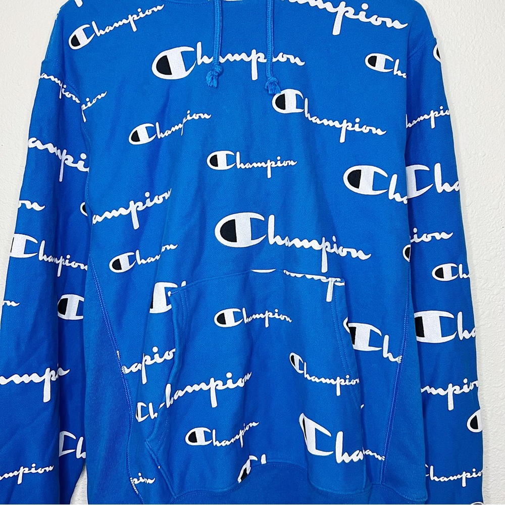 (Sold) Champion All Over Logo Hoodie Blue White Sweatshirt Jumper Long Sleeve - Picture 4 of 8